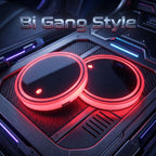 Zainzio Bi Gang Style LED car cup holder coasters glowing red on a dark futuristic dashboard background.