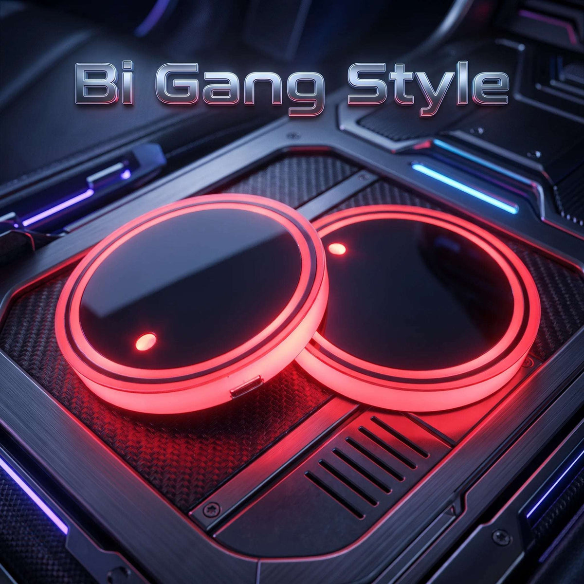 Zainzio Bi Gang Style LED car cup holder coasters glowing red on a dark futuristic dashboard background.