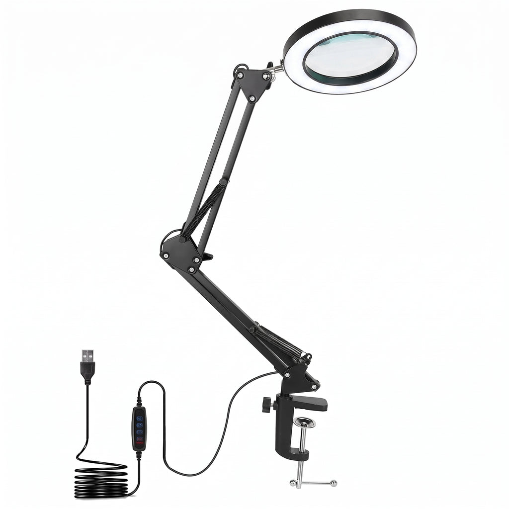 Black adjustable clamp-on USB magnifying lamp with a circular lens, shown with its USB cable and power switch on a white background.