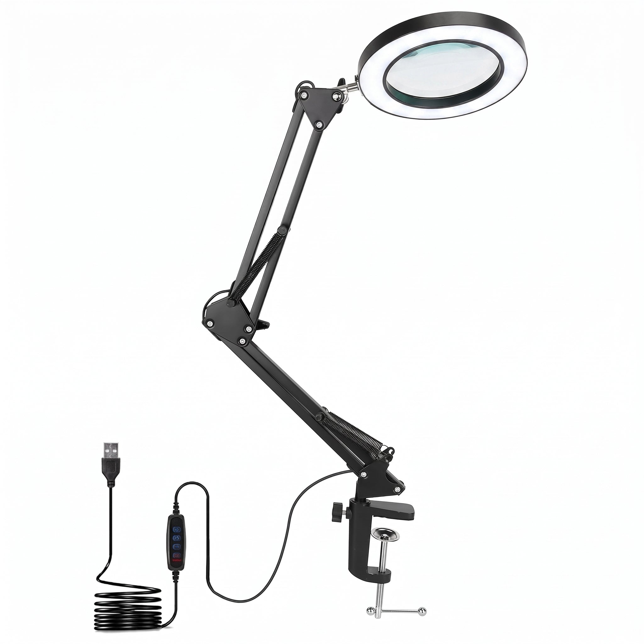 Black adjustable clamp-on USB magnifying lamp with a circular lens, shown with its USB cable and power switch on a white background.