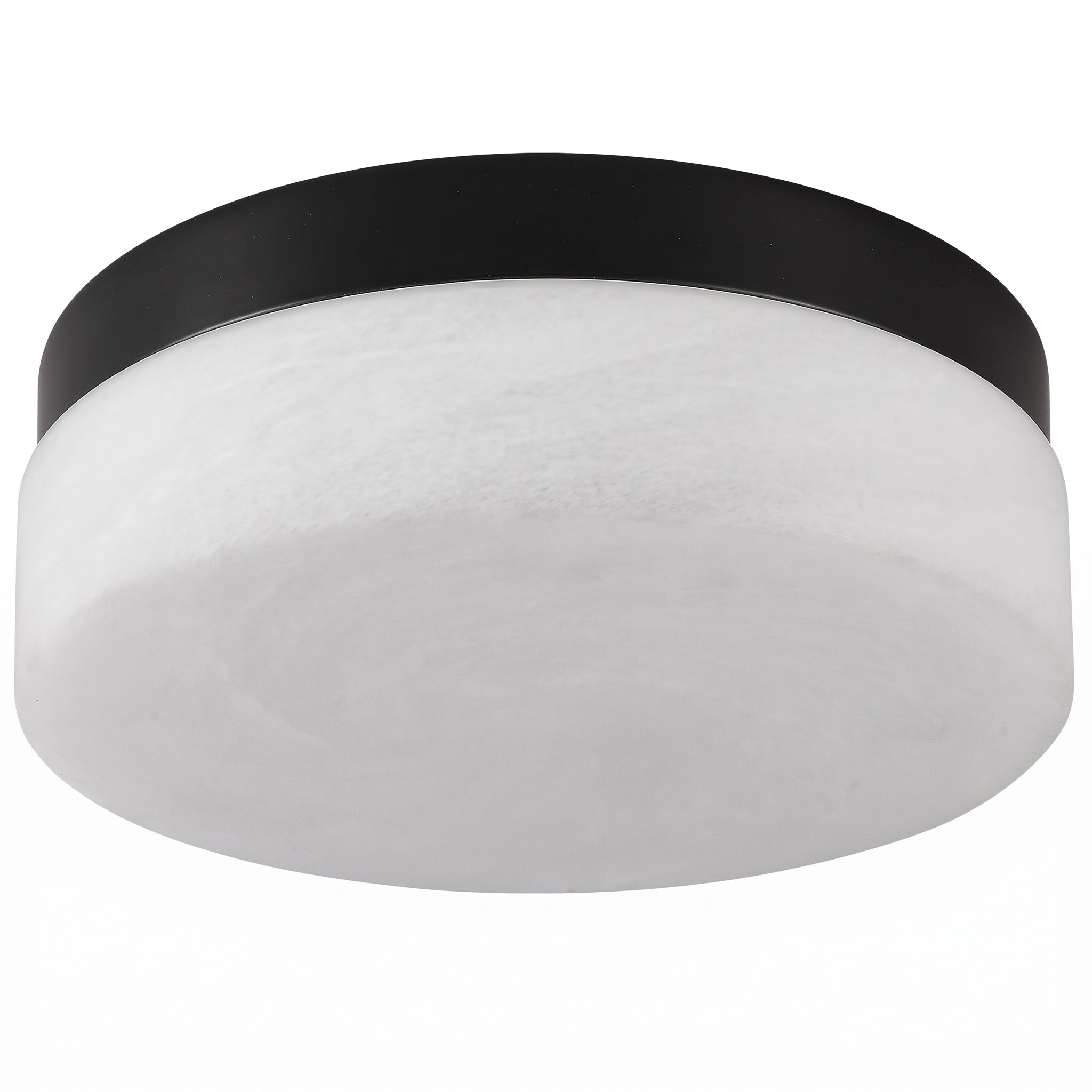 Ceiling light fixture with black rim and white diffuser on a white background