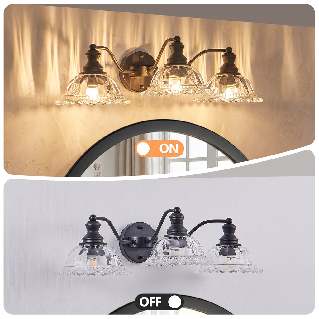 A three-light bathroom vanity wall sconce shown in a split view: the top panel shows it lit against a beige wall, and the bottom panel shows the same fixture unlit on a light gray background. The fixture has a dark metal finish with clear textured glass shades.