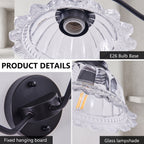 A wall-mounted light fixture shown in a three-panel product detail layout. The top panel shows a close-up of the clear ribbed glass lampshade with a black E26 bulb base.