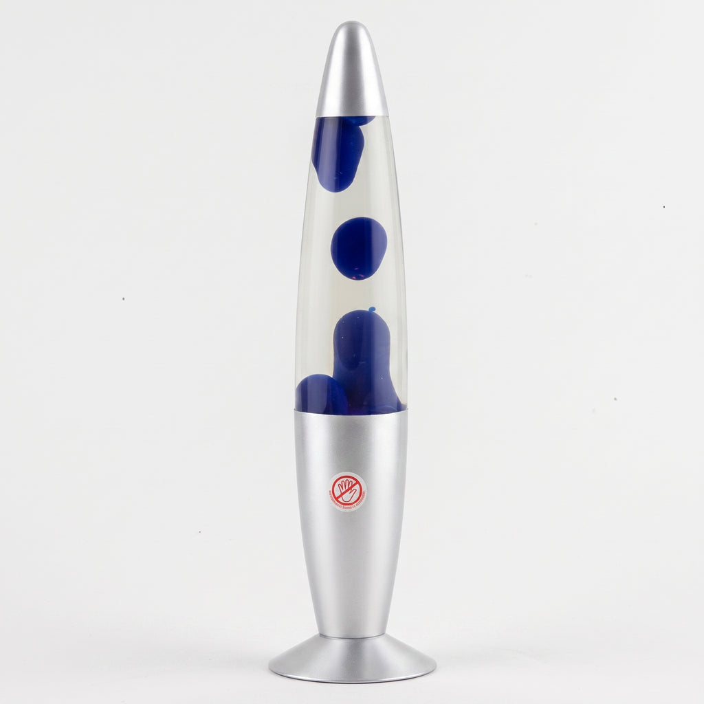 A classic lava lamp with a silver metal base and top, filled with clear liquid and dark blue wax blobs, shown against a plain white background.