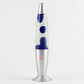 A classic lava lamp with a silver metal base and top, filled with clear liquid and dark blue wax blobs, shown against a plain white background.