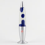 A classic lava lamp with a silver metal base and top, filled with clear liquid and dark blue wax blobs, shown against a plain white background.