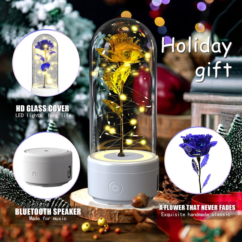 Decorative flower under a glass dome with Bluetooth speaker, surrounded by festive elements.