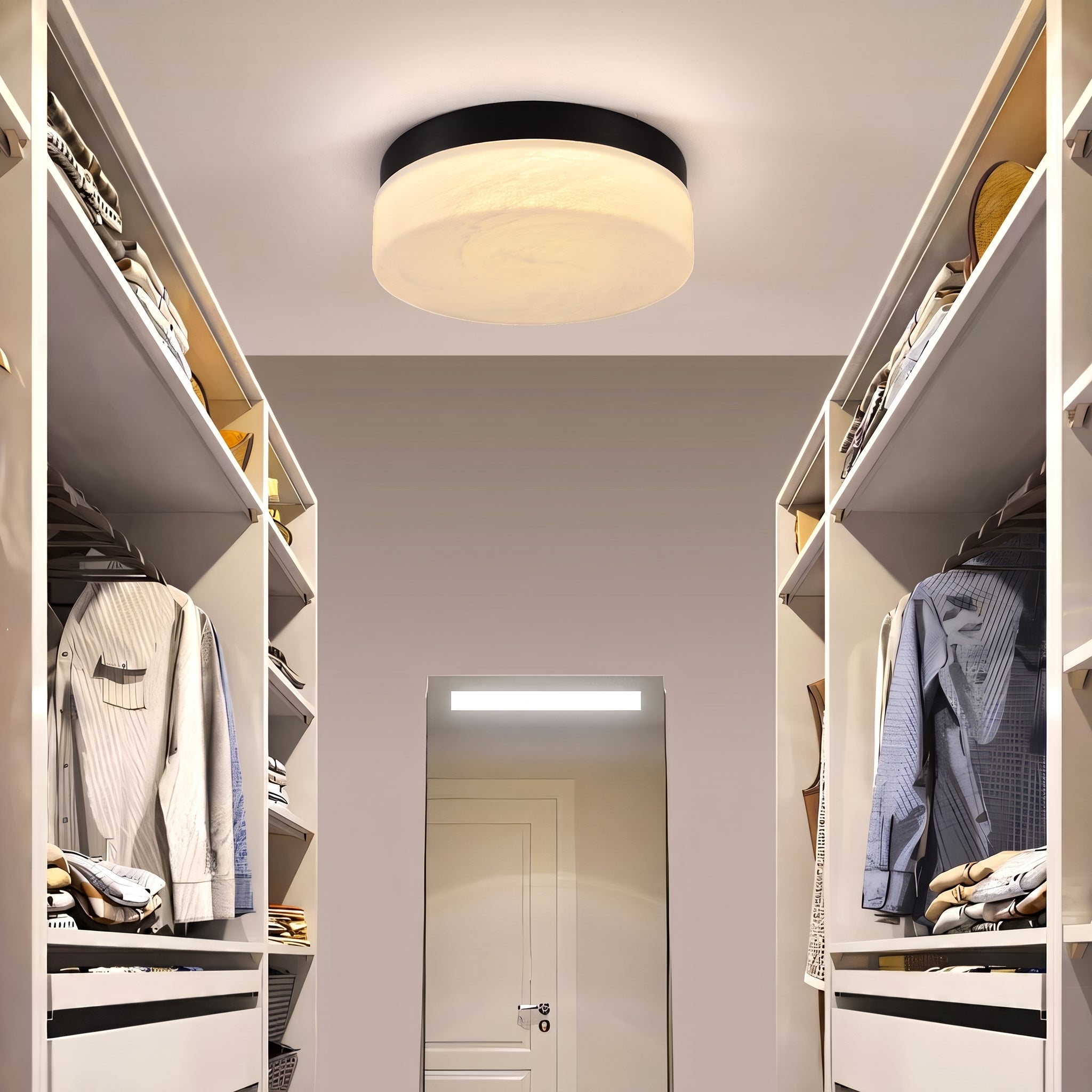 A modern flush-mount ceiling light with a round white textured glass shade and a black metal rim, installed in a walk-in closet.