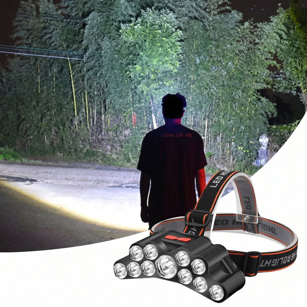 Person using a headlamp in a forest at night
