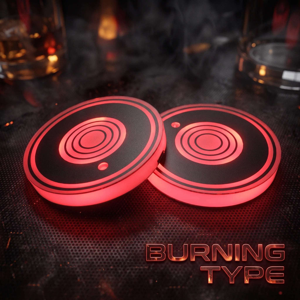 Zainzio Burning Force style LED car cup holder coasters featuring concentric red light rings and ambient illumination.