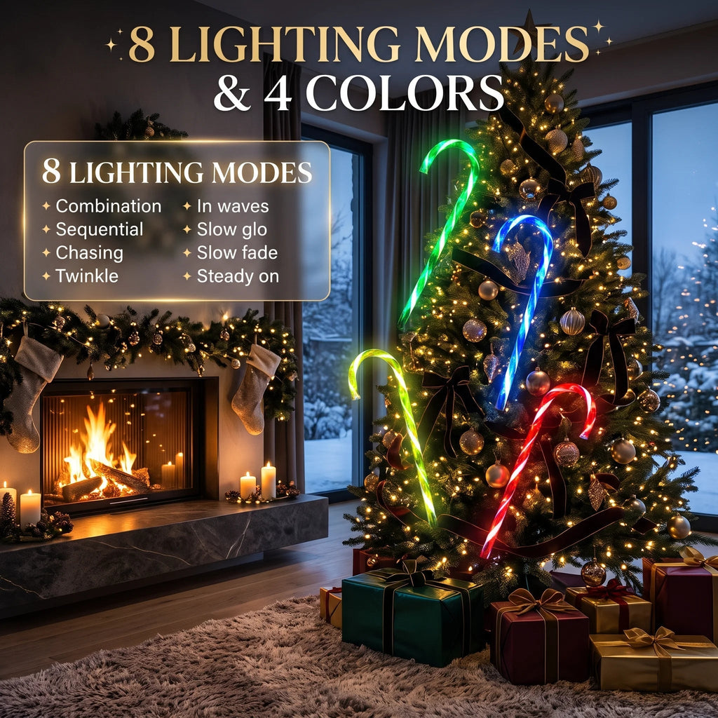 Zainzio solar candy cane Christmas lights showing 8 dynamic lighting modes and 4 vibrant colors next to a cozy holiday fireplace setup.