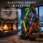 Zainzio solar candy cane Christmas lights showing 8 dynamic lighting modes and 4 vibrant colors next to a cozy holiday fireplace setup.