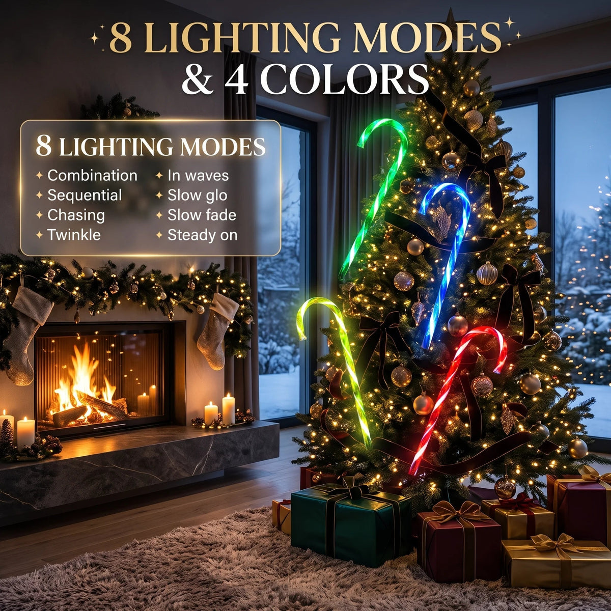 Zainzio solar candy cane Christmas lights showing 8 dynamic lighting modes and 4 vibrant colors next to a cozy holiday fireplace setup.