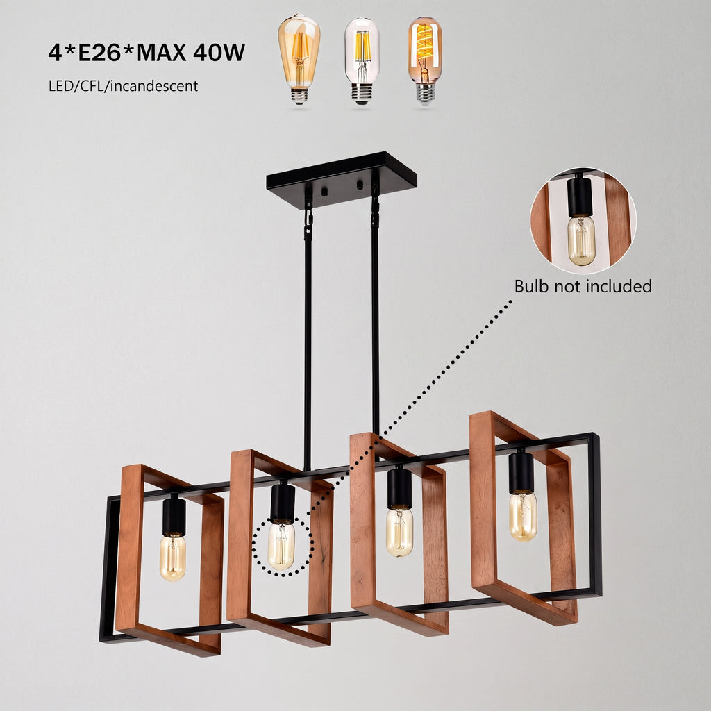 Industrial-style multi-light chandelier with four rectangular copper-toned frames and black metal rods, shown hanging against a light gray background. Text at top reads '4*E26*MAX 40W LED/CFL/incandescent' with three bulb illustrations, and a circular inset says 'Bulb not included.