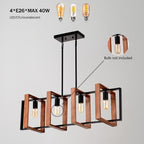 Industrial-style multi-light chandelier with four rectangular copper-toned frames and black metal rods, shown hanging against a light gray background. Text at top reads '4*E26*MAX 40W LED/CFL/incandescent' with three bulb illustrations, and a circular inset says 'Bulb not included.
