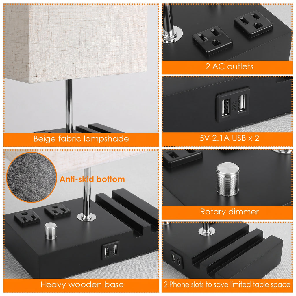 A 4-panel product feature collage of a black modern table lamp with a beige fabric shade, showing details like 2 AC outlets, 5V 2.1A USB x 2, an anti-slip bottom, a rotary dimmer, and phone charging slots on a black base.