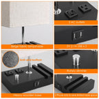 A 4-panel product feature collage of a black modern table lamp with a beige fabric shade, showing details like 2 AC outlets, 5V 2.1A USB x 2, an anti-slip bottom, a rotary dimmer, and phone charging slots on a black base.