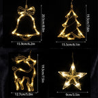 Four gold LED wire Christmas lights shaped like a bell, tree, reindeer, and star, shown on a black background with dimension labels.