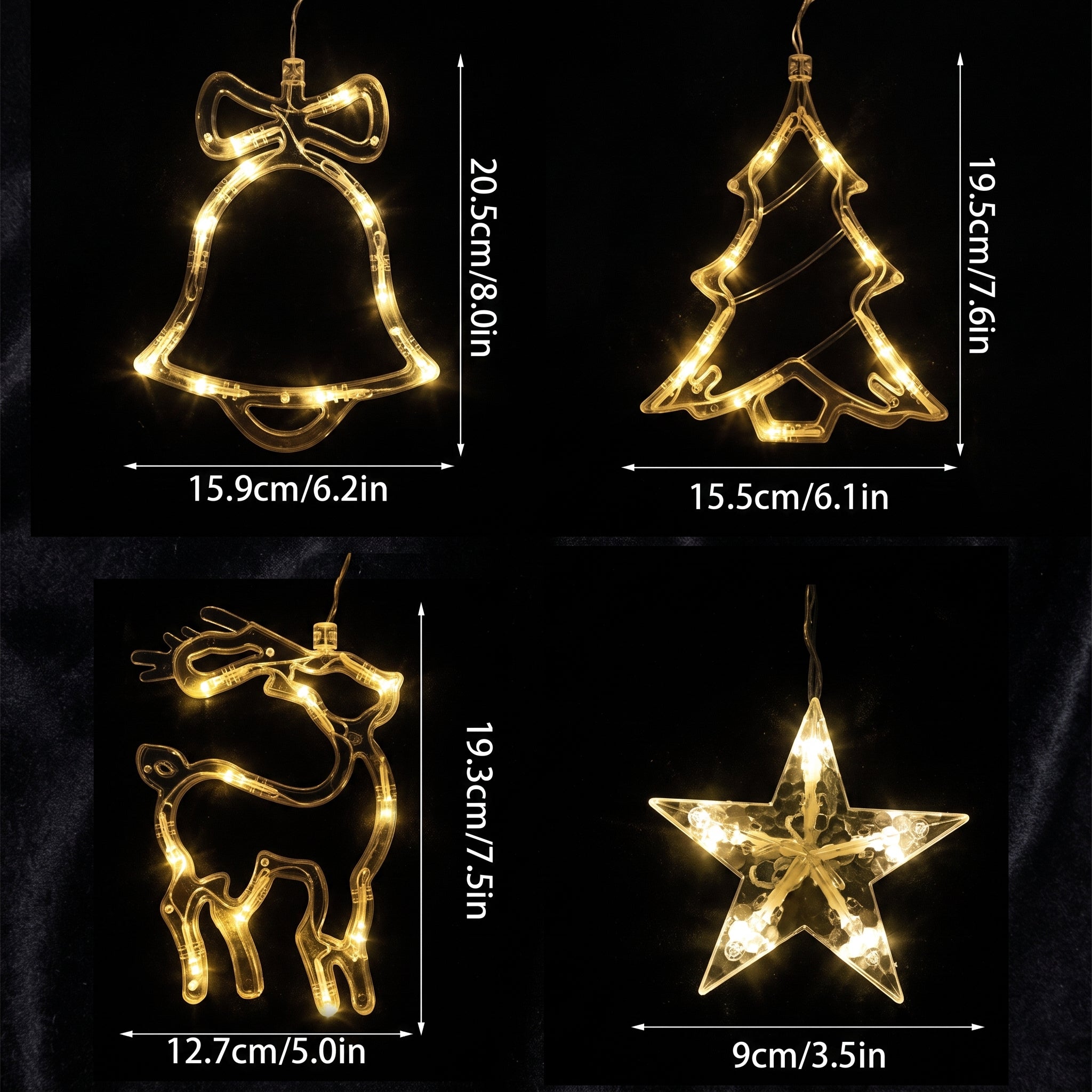 Four gold LED wire Christmas lights shaped like a bell, tree, reindeer, and star, shown on a black background with dimension labels.