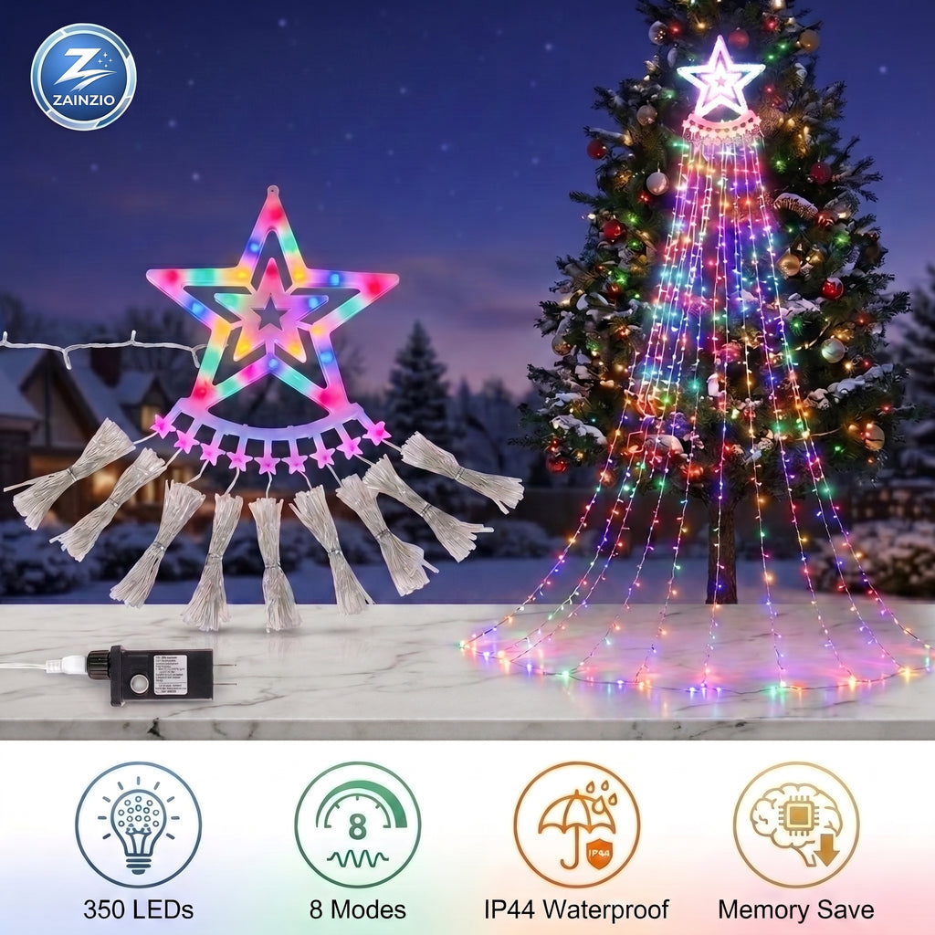 Multicolor LED star tree light set shown with a hanging star ornament on the left and a decorated Christmas tree illuminated with cascading multicolor string lights on the right. The image includes a power adapter, a snowy outdoor scene backdrop, and feature icons at the bottom.