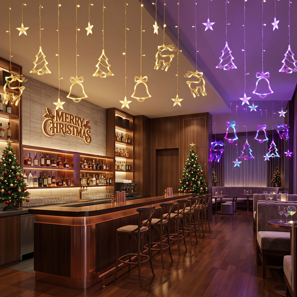 A festive holiday bar interior with hanging gold Christmas lights shaped like stars, bells, trees, and reindeer, a wooden bar counter with stools, shelves of bottles, a lit Christmas tree, and purple hanging lights in the background.
