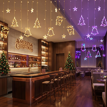 A festive holiday bar interior with hanging gold Christmas lights shaped like stars, bells, trees, and reindeer, a wooden bar counter with stools, shelves of bottles, a lit Christmas tree, and purple hanging lights in the background.