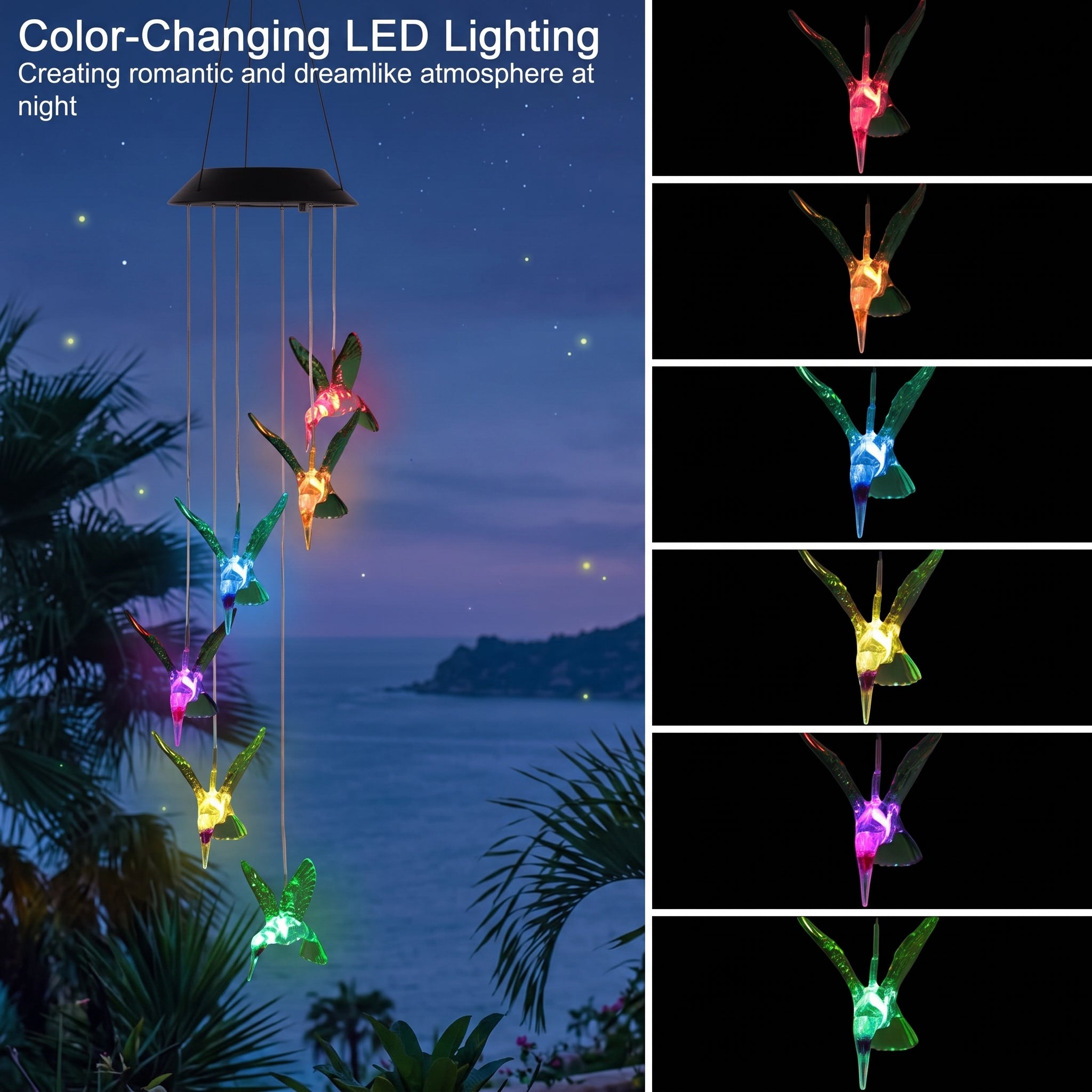 Color-changing hummingbird wind chimes hanging outdoors at night by the ocean, with a large demonstration scene on the left and six smaller color options on the right.