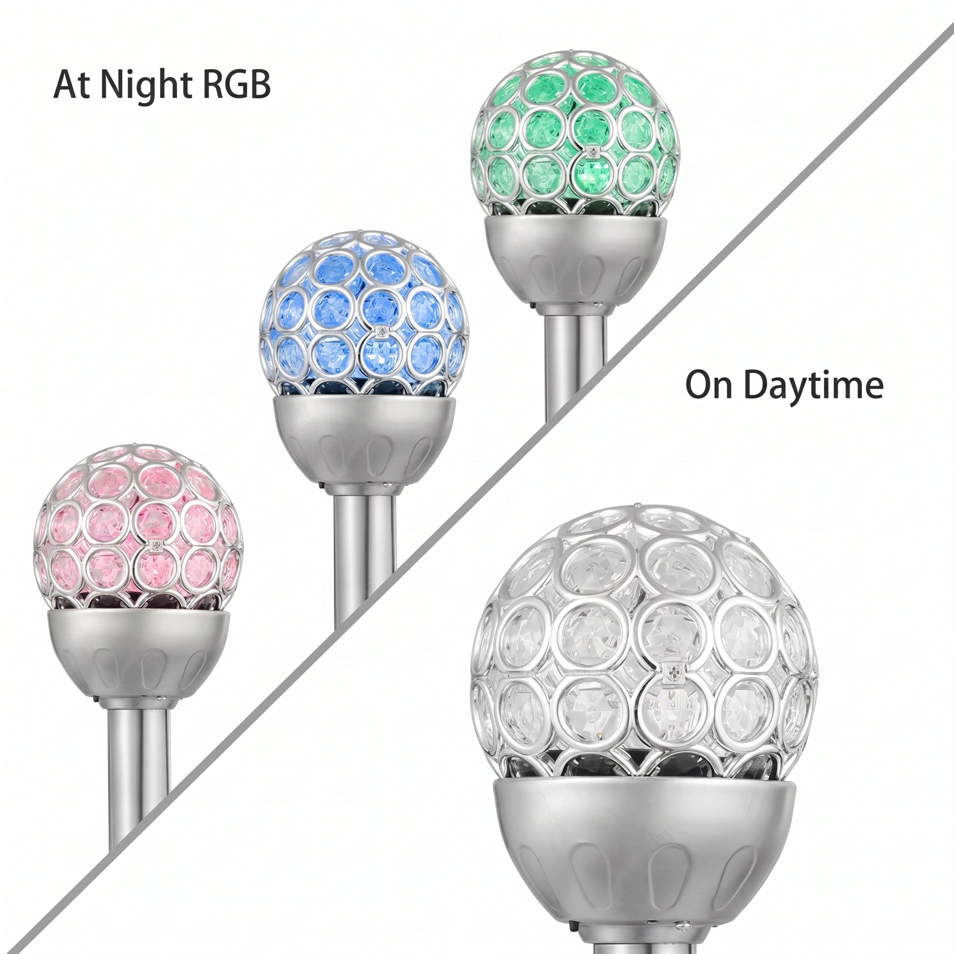 Three solar garden post lights with crystal-embellished spherical heads are shown on a white background, split diagonally by a gray line. The left side reads 'At Night RGB' and shows the lights colored pink, blue, and green.
