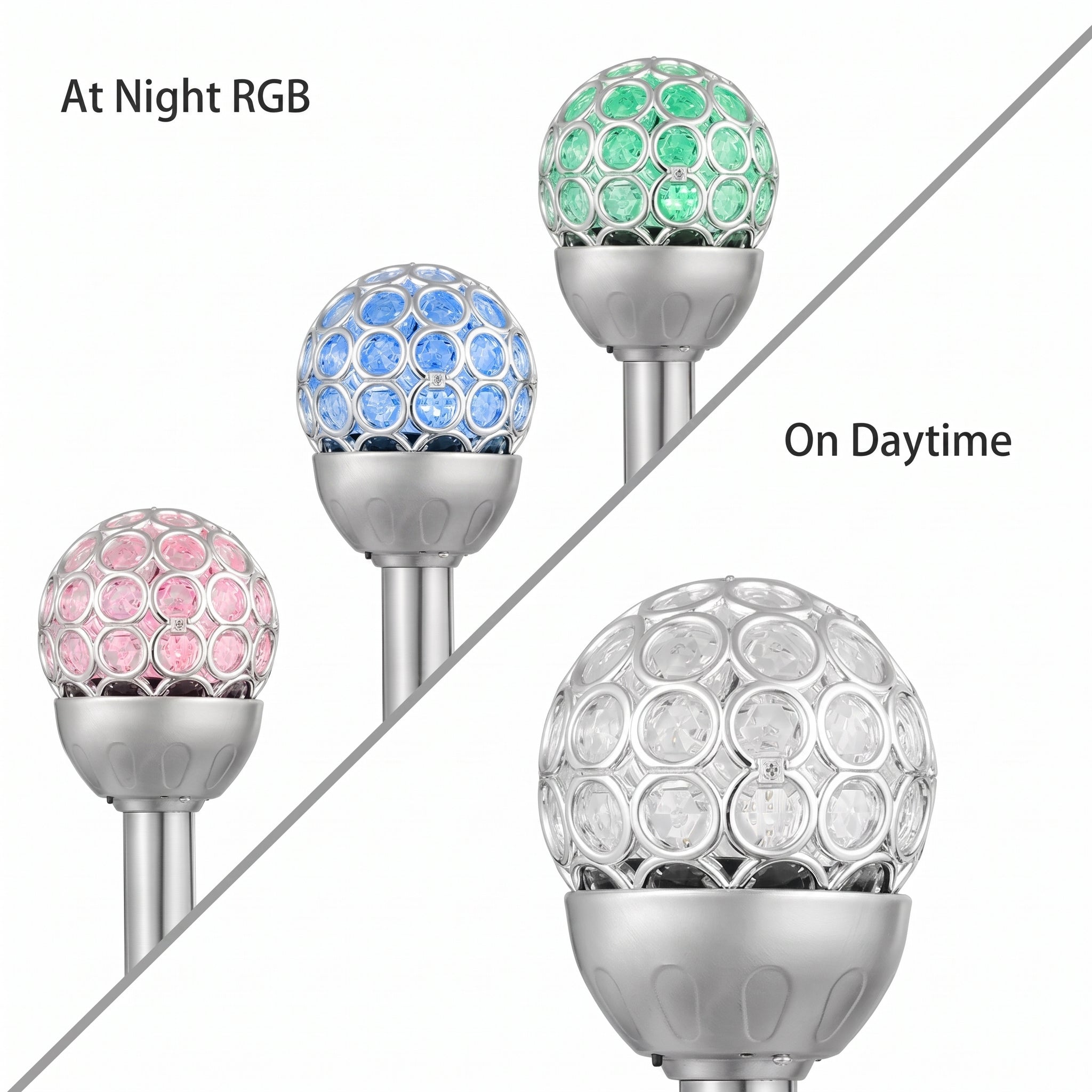 Three solar garden post lights with crystal-embellished spherical heads are shown on a white background, split diagonally by a gray line. The left side reads 'At Night RGB' and shows the lights colored pink, blue, and green.