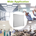 A square whiteboard with a silver frame is centered inside a large white circular graphic, surrounded by a collage of office and meeting-room scenes with people and ceiling lights. Green text at the top reads 'Wide Application.
