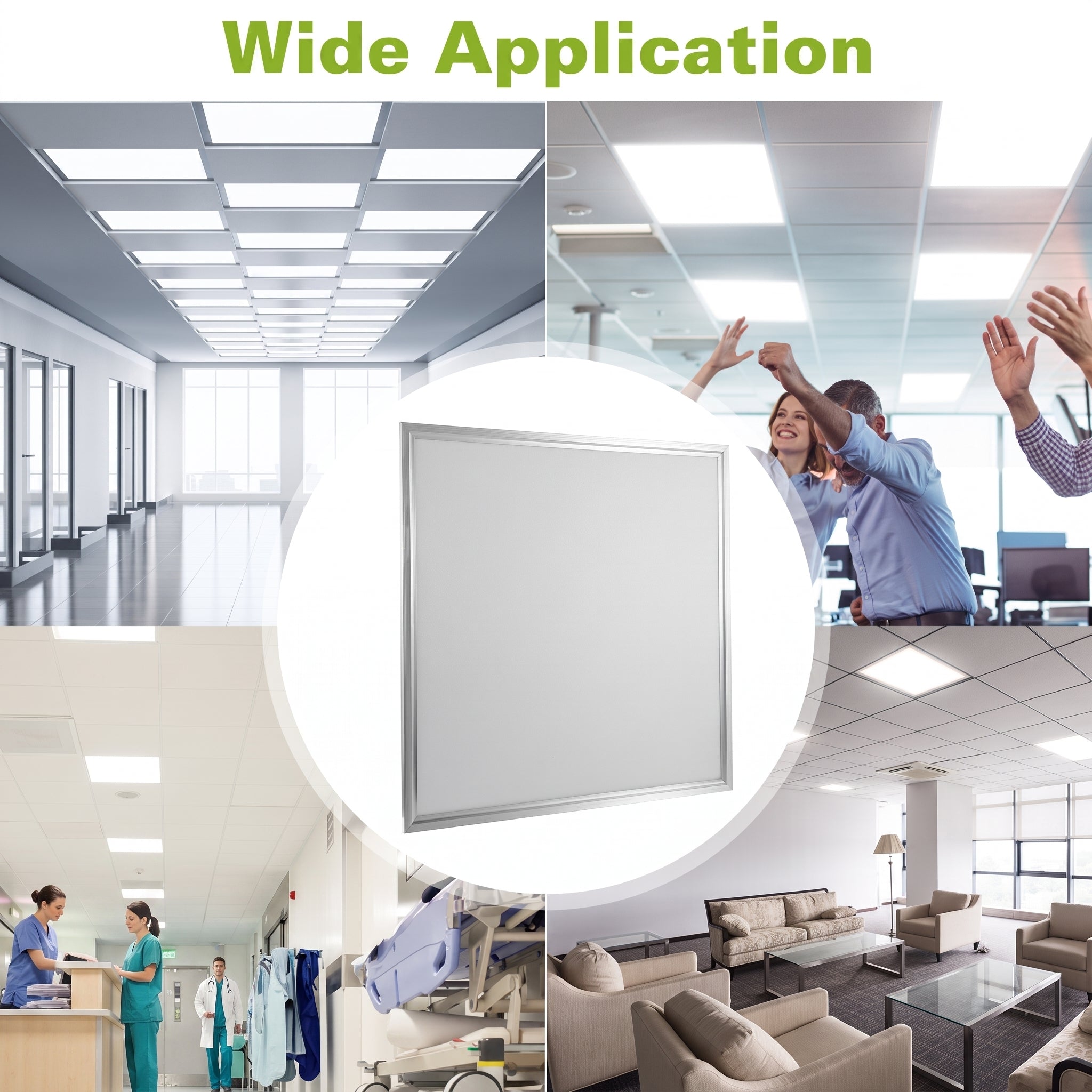 A square whiteboard with a silver frame is centered inside a large white circular graphic, surrounded by a collage of office and meeting-room scenes with people and ceiling lights. Green text at the top reads 'Wide Application.