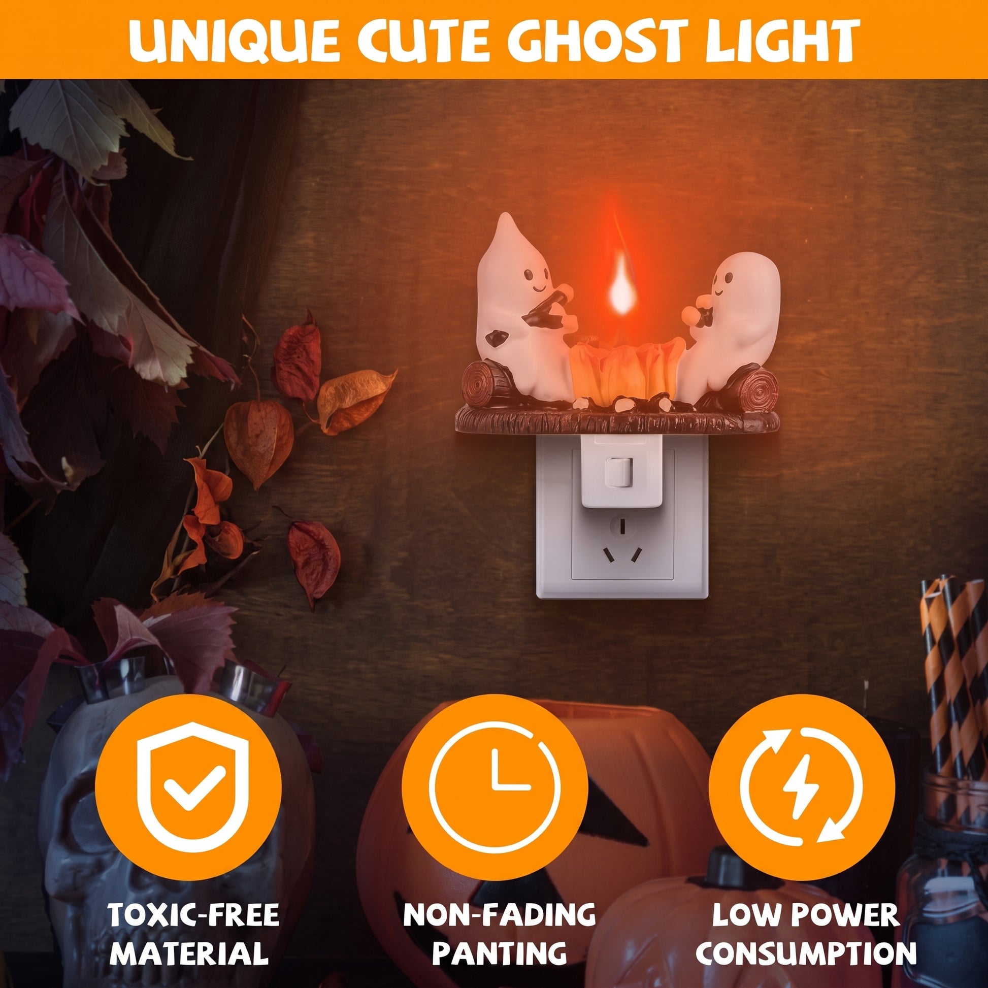 A Halloween-themed ghost night light shown plugged into a wall outlet on a dark wooden surface. The light features two white cartoon ghosts facing each other above a glowing orange pumpkin, with an orange banner at the top reading 'UNIQUE CUTE GHOST LIGHT' and three orange feature icons at the bottom.