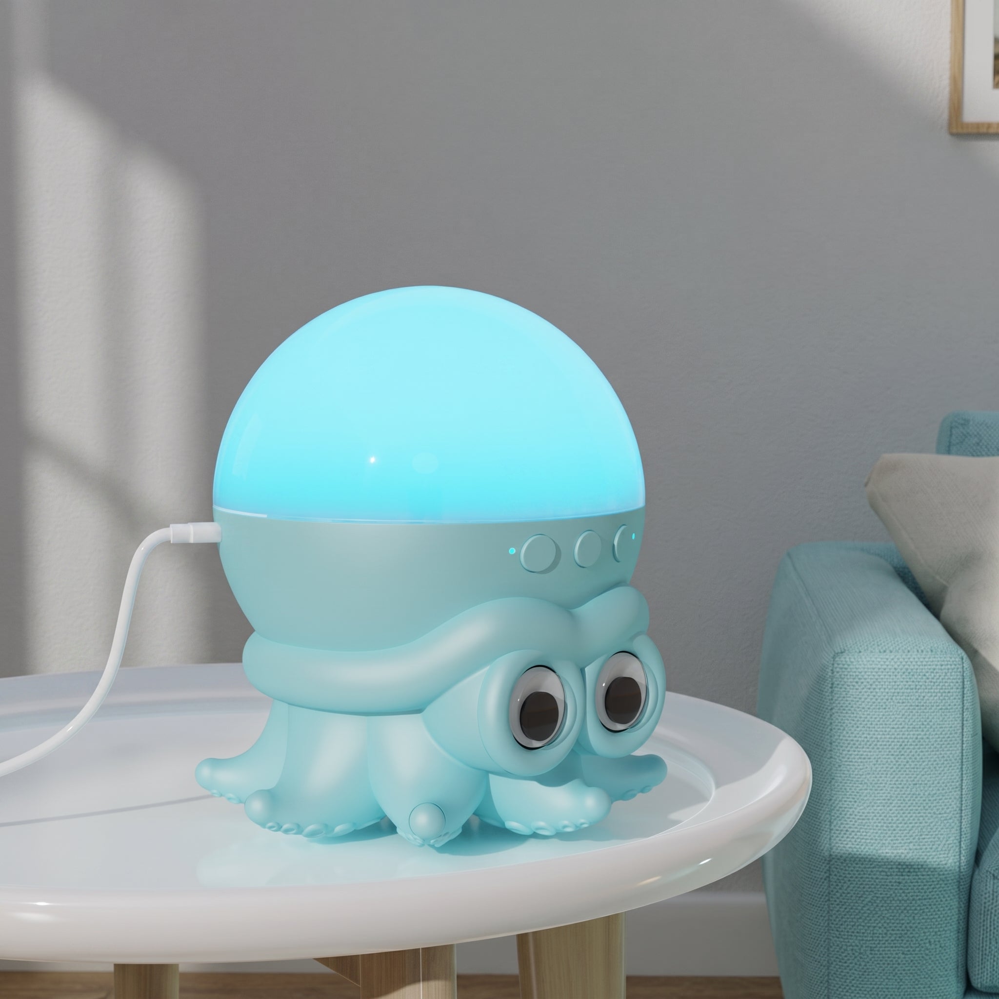 A light blue octopus-shaped night light with a glowing dome on top, placed on a white round table in a softly lit room next to a blue chair.