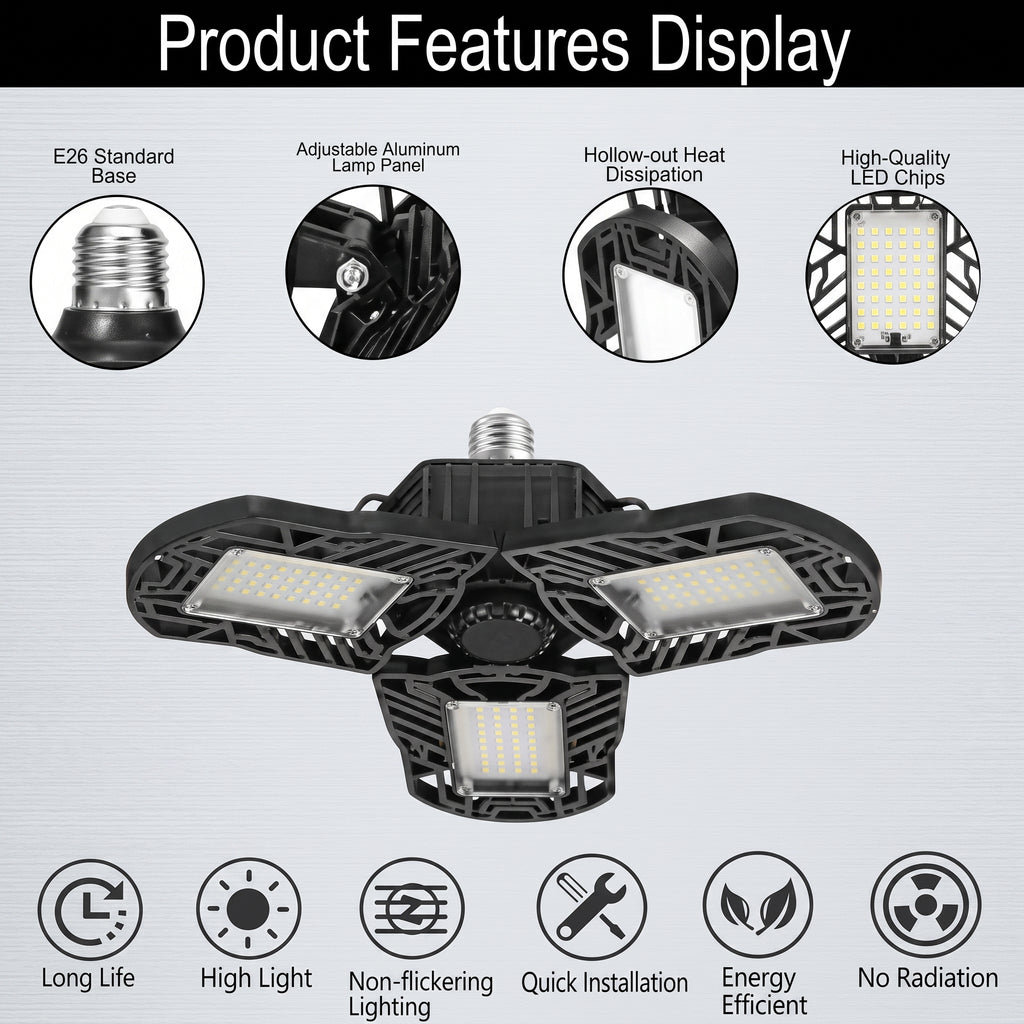 Product features display graphic for a black tri-armed LED street light, showing close-up feature callouts and icons including E26 standard base, adjustable aluminum lamp panel, hollow-out heat dissipation, high-quality LED chips, long life, high light output, non-flickering lighting, quick installation, energy efficient, and no radiation.