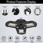 Product features display graphic for a black tri-armed LED street light, showing close-up feature callouts and icons including E26 standard base, adjustable aluminum lamp panel, hollow-out heat dissipation, high-quality LED chips, long life, high light output, non-flickering lighting, quick installation, energy efficient, and no radiation.