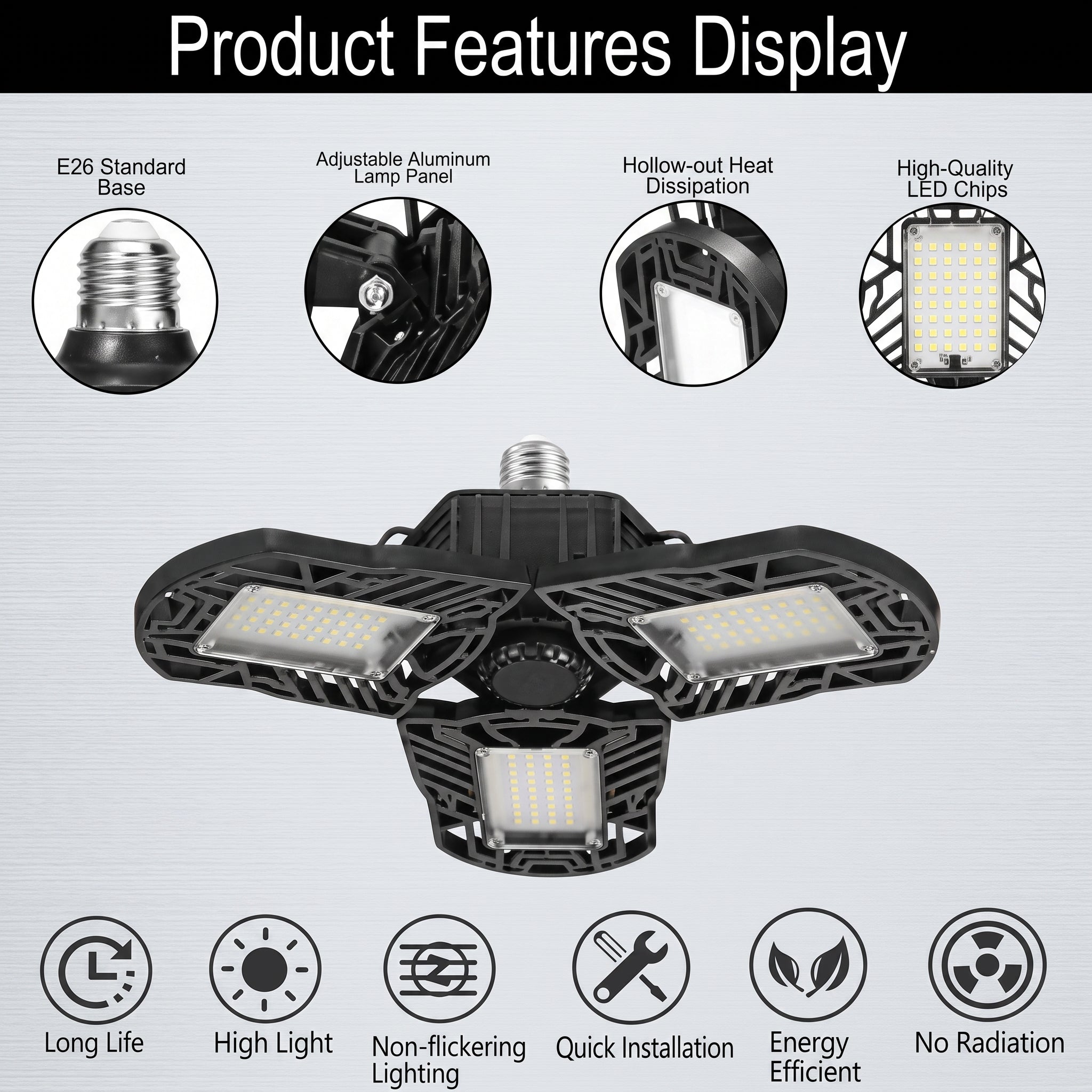 Product features display graphic for a black tri-armed LED street light, showing close-up feature callouts and icons including E26 standard base, adjustable aluminum lamp panel, hollow-out heat dissipation, high-quality LED chips, long life, high light output, non-flickering lighting, quick installation, energy efficient, and no radiation.
