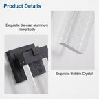 Product details graphic for a modern wall sconce, showing a black die-cast aluminum fixture with a textured clear bubble crystal shade. Text labels highlight the 'Exquisite die-cast aluminum lamp body' and 'Exquisite Bubble Crystal' on a light gray background.
