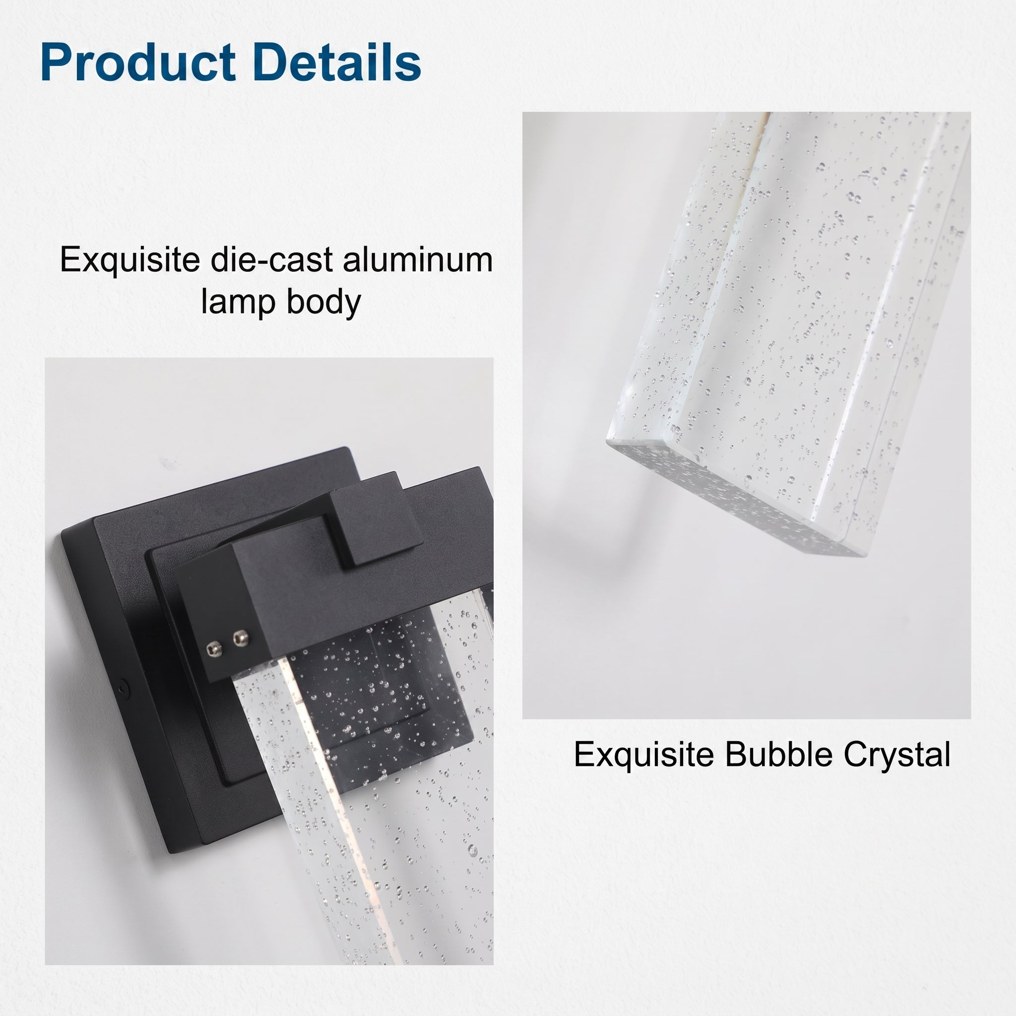 Product details graphic for a modern wall sconce, showing a black die-cast aluminum fixture with a textured clear bubble crystal shade. Text labels highlight the 'Exquisite die-cast aluminum lamp body' and 'Exquisite Bubble Crystal' on a light gray background.