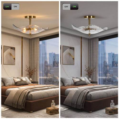 Gold glass semi-flush ceiling light shown illuminated and unlit in a bedroom