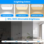 A promotional graphic for a ceiling light fixture showing three lighting color modes: 6500K Cold White, 4500K Neutral, and 3000K Warm Yellow. The top half shows the white rectangular light fixture mounted on a ceiling in each mode, with blue labels underneath.
