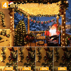 Christmas outdoor light display on a porch and patio at night, with warm white string lights draped over a covered area, garlands, a decorated Christmas tree, chairs, and a Santa decoration. The top text reads '4 Brightness Levels' and the bottom row shows brightness percentage levels from 100% to 25% with close-up views of the lights on the tree.