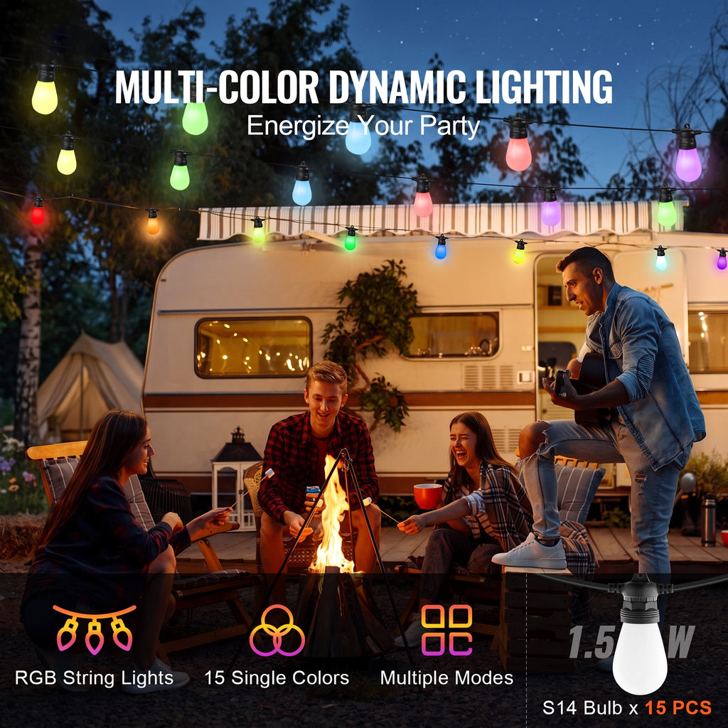 RGB multi-color dynamic string lights shown in use at a campsite night scene, with people sitting around a fire pit in front of a vintage camper van. The graphic includes text overlays describing the product features: 'MULTI-COLOR DYNAMIC LIGHTING', 'Energize Your Party', 'RGB String Lights', '15 Single Colors', 'Multiple Modes', and 'S14 Bulb x 15 PCS'.