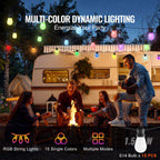 RGB multi-color dynamic string lights shown in use at a campsite night scene, with people sitting around a fire pit in front of a vintage camper van. The graphic includes text overlays describing the product features: 'MULTI-COLOR DYNAMIC LIGHTING', 'Energize Your Party', 'RGB String Lights', '15 Single Colors', 'Multiple Modes', and 'S14 Bulb x 15 PCS'.