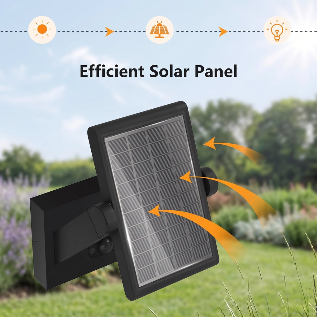 A black solar panel light fixture shown against a blurred outdoor garden background, with orange arrows indicating light capture and the text 'Efficient Solar Panel' above it.