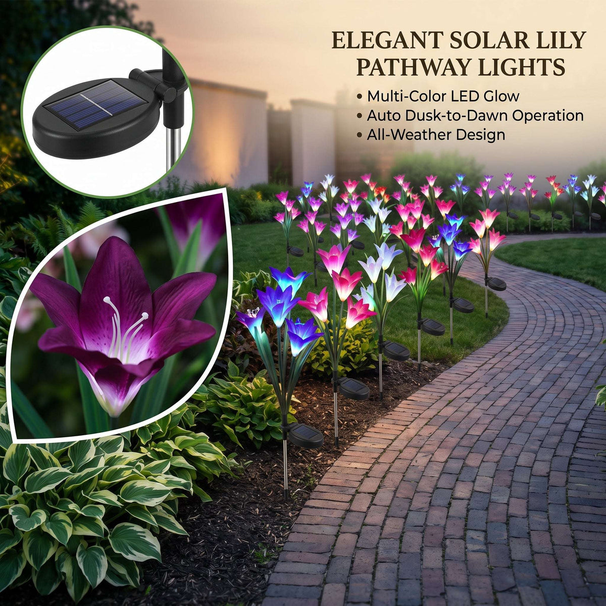Zainzio solar lily lights with color-changing LED blooms lining a garden pathway at dusk