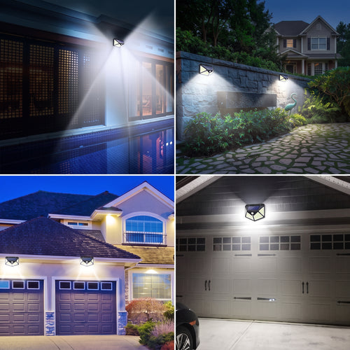 A four-panel collage showing outdoor wall-mounted light fixtures installed on a house exterior, stone wall, garage door, and driveway, illuminating windows, plants, and garage areas at night.