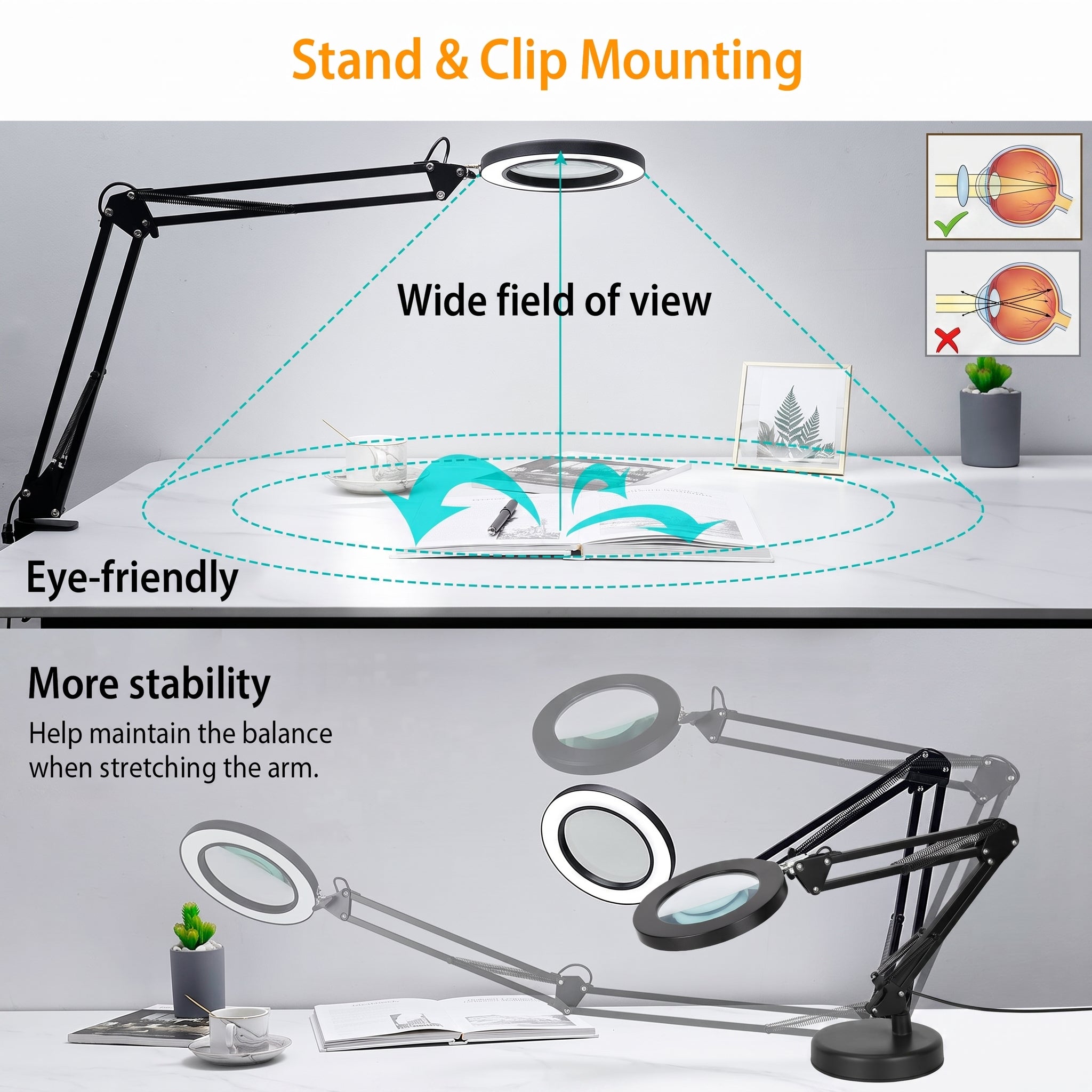 Black adjustable desk lamp with stand and clip mounting, shown on a white desk with text highlighting wide field of view, eye-friendly use, and more stability. Small inset diagrams explain eye focus and arm stability.