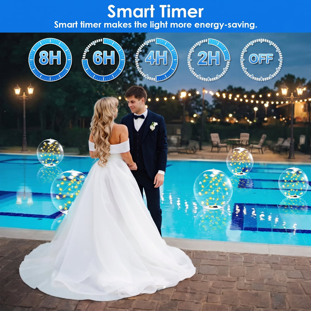 A bride in a white wedding gown and a groom in a black tuxedo stand beside a swimming pool at dusk, with glowing round pool lights floating around them. A blue banner at the top reads 'Smart Timer' with time options 8H, 6H, 4H, 2H, and OFF, and additional text says 'Smart timer makes the light more energy-saving.
