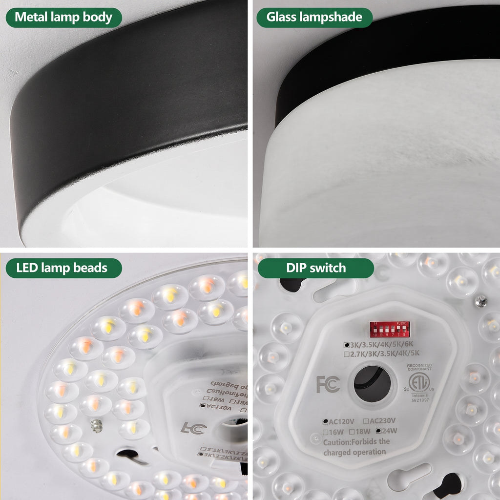 Four-panel close-up collage of a cylindrical LED ceiling light fixture showing the metal lamp body, glass lampshade, LED lamp beads, and DIP switch.