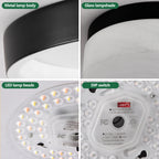 Four-panel close-up collage of a cylindrical LED ceiling light fixture showing the metal lamp body, glass lampshade, LED lamp beads, and DIP switch.